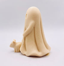 Load image into Gallery viewer, Handmade vegan soaps shaped as a cute ghost walking a dog. crafted with natural French clays, activated charcoal and essential oils. a eco-friendly, zero waste gift that’s cruelty-free, skin-nourishing, and perfect for Halloween and gifting. Small business UK.