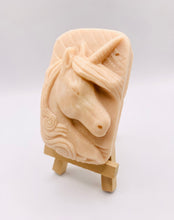 Load image into Gallery viewer, Handmade vegan soaps featuring a unicorn head and wrapped in beautiful eco friendly packaging crafted with natural French clays, activated charcoal and essential oils. a eco-friendly, zero waste gift that’s cruelty-free, skin-nourishing, and perfect gift for unicorn lovers. small business UK