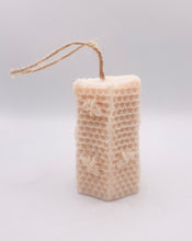 Load image into Gallery viewer, Handmade vegan soaps featuring a gorgeous bee and honeycomb design soap on a rope. crafted with natural French clays, activated charcoal and essential oils. a eco-friendly, zero waste gift that’s cruelty-free, skin-nourishing, and perfect for bee lovers and gifting. UK Small Business