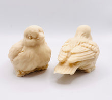 Load image into Gallery viewer, Handmade vegan soaps featuring a set of two love birds . gift boxed in beautiful eco friendly packaging. crafted with natural French clays, activated charcoal and essential oils. a eco-friendly, zero waste gift that’s cruelty-free, skin-nourishing, the perfect gift for bird lovers and animal lovers. UK Small Business