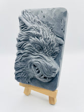 Load image into Gallery viewer, Handmade vegan soaps featuring a highly detailed wolf. crafted with natural French clays, activated charcoal and essential oils. a eco-friendly, zero waste gift that’s cruelty-free, skin-nourishing, and perfect for animal lover gifts and gifts for him. small business UK