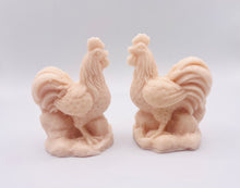 Load image into Gallery viewer, Handmade vegan soaps featuring a set of two cockerels gift boxed in beautiful eco friendly packaging. crafted with natural French clays, activated charcoal and essential oils. a eco-friendly, zero waste gift that’s cruelty-free, skin-nourishing, the perfect gift for chicken lovers or for animal lover gifts. small business UK