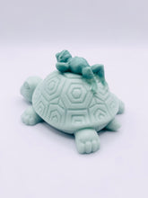 Load image into Gallery viewer, turtle frog soap, handmade animal soap, vegan soap for kids, nature themed soap, eco-friendly animal soap, SLS free kids soap, cruelty free soap bar, frog shaped soap, turtle shaped soap, cute soap gift, natural soap UK, handcrafted vegan soap, wildlife soap gift, bath gift for children, palm oil free soap