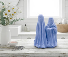 Load image into Gallery viewer, handmade vegan soap featuring a ghostly bride with a bouquet and a groom, a unique farmhouse decor wedding or anniversary gift