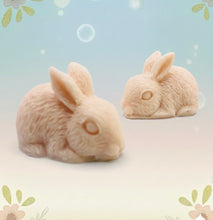 Load image into Gallery viewer, Handmade vegan soaps featuring a set of two detailed rabbit soaps, beautifully gift boxed in eco friendly packaging. crafted with natural French clays, activated charcoal and essential oils. a eco-friendly, zero waste gift that’s cruelty-free, skin-nourishing, and perfect for rabbit owners gifts and Mother’s Day. Small business UK