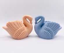 Load image into Gallery viewer, Handmade vegan soaps featuring a graceful swan and packed in beautiful eco friendly packaging crafted with natural French clays, activated charcoal and essential oils. a eco-friendly, zero waste gift that’s cruelty-free, skin-nourishing, and perfect for swan lovers, wedding favours and animal themed gifts. small business UK