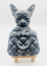 Load image into Gallery viewer, Handmade vegan soaps featuring a chihuahua peeping out of a handbag packaged in beautiful eco friendly packaging. crafted with natural French clays, activated charcoal and essential oils. a eco-friendly, zero waste gift thatās cruelty-free, skin-nourishing, the perfect gift for dog lovers or animal lovers. small business UK