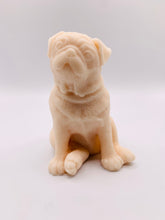 Load image into Gallery viewer, Handmade vegan soaps featuring a cute sitting pug dog. crafted with natural French clays, activated charcoal and essential oils. a eco-friendly, zero waste gift that’s cruelty-free, skin-nourishing, and perfect for pug owner gifts and dog lovers. Beautiful eco friendly packaging. Small Business UK