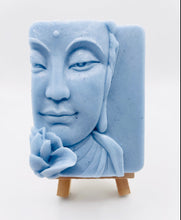 Load image into Gallery viewer, Handmade vegan soaps featuring a beautiful buddha and lotus flower and wrapped in beautiful eco friendly packaging crafted with natural French clays, activated charcoal and essential oils. a eco-friendly, zero waste gift that’s cruelty-free, skin-nourishing, and perfect gift for buddha lovers. small business UK