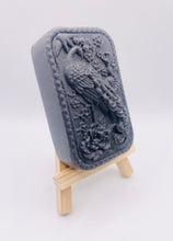 Load image into Gallery viewer, Handmade vegan soaps featuring a detailed peacock, in beautiful eco friendly packaging. crafted with natural French clays, activated charcoal and essential oils. a eco-friendly, zero waste gift that’s cruelty-free, skin-nourishing, the perfect gift for peacock lovers or for animal lovers. small business UK