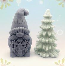 Load image into Gallery viewer, Handmade vegan snowdrop gnome and Christmas tree shaped vegan soaps gift boxed. crafted with natural French clays, activated charcoal and essential oils. a eco-friendly, zero waste gift that’s cruelty-free, skin-nourishing, and perfect for gifting. small business UK