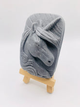 Load image into Gallery viewer, Handmade vegan soaps featuring a unicorn head and wrapped in beautiful eco friendly packaging crafted with natural French clays, activated charcoal and essential oils. a eco-friendly, zero waste gift that’s cruelty-free, skin-nourishing, and perfect gift for unicorn lovers. small business UK