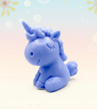 Load image into Gallery viewer, Handmade vegan soaps featuring a cute happy unicorn wrapped in beautiful eco friendly packaging. crafted with natural French clays, activated charcoal and essential oils. a eco-friendly, zero waste gift that’s cruelty-free, skin-nourishing, the perfect gift for unicorn lovers, or for animal lover gifts. small business UK