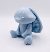 Load image into Gallery viewer, Handmade vegan soaps featuring an adorable rabbit with big floppy ears and stitching detail, in beautiful eco friendly packaging. crafted with natural French clays, activated charcoal and essential oils. a eco-friendly, zero waste gift that’s cruelty-free, skin-nourishing, the perfect gift for easter or for animal lovers. small business UK