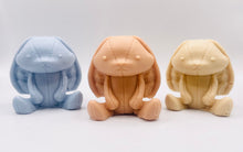 Load image into Gallery viewer, Handmade vegan soaps featuring an adorable rabbit with big floppy ears and stitching detail, in beautiful eco friendly packaging. crafted with natural French clays, activated charcoal and essential oils. a eco-friendly, zero waste gift that’s cruelty-free, skin-nourishing, the perfect gift for easter or for animal lovers. small business UK