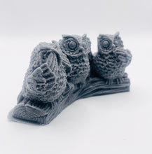 Load image into Gallery viewer, Handmade vegan soaps featuring the three wise owls sat on a log. see no evil, hear no evil speak no evil. crafted with natural French clays, activated charcoal and essential oils. a eco-friendly, zero waste gift that’s cruelty-free, skin-nourishing, and perfect for animal lovers and teacher appreciation gifts. small business UK