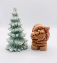 Load image into Gallery viewer, Handmade vegan Father Christmas and Christmas tree shaped vegan soaps gift boxed in beautiful eco friendly packaging. crafted with natural French clays, activated charcoal and essential oils. a eco-friendly, zero waste gift that’s cruelty-free, skin-nourishing, and perfect for animal lovers. Small business UK.
