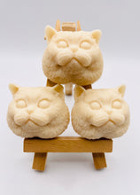 Load image into Gallery viewer, Handmade vegan soaps featuring a set of three little cat faces gift boxed in beautiful eco friendly packaging. crafted with natural French clays, activated charcoal and essential oils. a eco-friendly, zero waste gift that’s cruelty-free, skin-nourishing, the perfect gift for cat lovers or animal lovers. small business UK