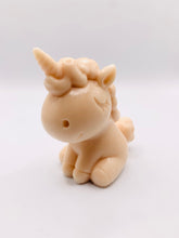 Load image into Gallery viewer, Handmade vegan soaps featuring a cute happy unicorn in beautiful eco friendly packaging. crafted with natural French clays, activated charcoal and essential oils. a eco-friendly, zero waste gift that’s cruelty-free, skin-nourishing, the perfect gift for unicorn lovers, or for animal lover gifts. small business UK