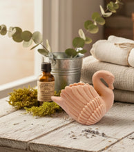 Load image into Gallery viewer, A beautiful handmade vegan soap in the shape of a graceful swan with detailed wing feathers, displayed against a whimsical background for an elegant farmhouse decor gift.