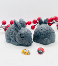 Load image into Gallery viewer, Handmade vegan soaps featuring a set of two detailed rabbit soaps, beautifully gift boxed in eco friendly packaging. crafted with natural French clays, activated charcoal and essential oils. a eco-friendly, zero waste gift that’s cruelty-free, skin-nourishing, and perfect for rabbit owners gifts and Mother’s Day. Small business UK