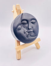 Load image into Gallery viewer, Handmade vegan soaps featuring a sun and moon. crafted with natural French clays, activated charcoal and essential oils. a eco-friendly, zero waste gift that’s cruelty-free, skin-nourishing, and perfect for moon lovers. friendship gifts and mothers day gifts. small business UK