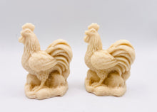 Load image into Gallery viewer, Handmade vegan soaps featuring a set of two cockerels gift boxed in beautiful eco friendly packaging. crafted with natural French clays, activated charcoal and essential oils. a eco-friendly, zero waste gift that’s cruelty-free, skin-nourishing, the perfect gift for chicken lovers or for animal lover gifts. small business UK