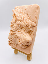Load image into Gallery viewer, Handmade vegan soaps featuring a highly detailed wolf. crafted with natural French clays, activated charcoal and essential oils. a eco-friendly, zero waste gift that’s cruelty-free, skin-nourishing, and perfect for animal lover gifts and gifts for him. small business UK