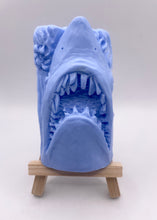 Load image into Gallery viewer, Handmade vegan soaps featuring a shark with his mouth open and jagged teeth showing . gift boxed in beautiful eco friendly packaging. crafted with natural French clays, activated charcoal and essential oils. a eco-friendly, zero waste gift that’s cruelty-free, skin-nourishing, the perfect gift for shark lovers and animal lovers. UK Small Business