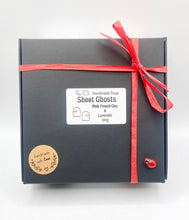 Load image into Gallery viewer, Handmade vegan soaps shaped as a set of two cute sheet ghosts beautifully gift boxed in eco friendly packaging. crafted with natural French clays, activated charcoal and essential oils. a eco-friendly, zero waste gift that’s cruelty-free, skin-nourishing, and perfect for Halloween and gifting. Small Business UK