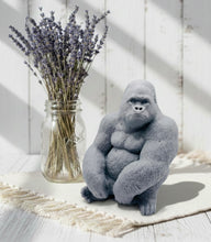 Load image into Gallery viewer, A highly detailed large handmade vegan soap in the shape of a realistic sitting gorilla, featuring textured fur details, perfect for wildlife-themed farmhouse decor and unique gifts.