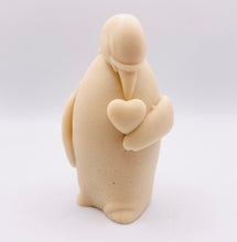 Load image into Gallery viewer, Handmade vegan soaps featuring a penguin holding a love heart packaged in beautiful eco friendly packaging crafted with natural French clays, activated charcoal and essential oils. a eco-friendly, zero waste gift that’s cruelty-free, skin-nourishing, and perfect for penguin lovers, christmas gifts and animal themed gifts. small business UK