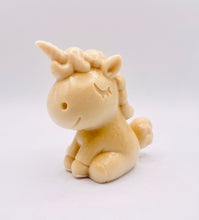 Load image into Gallery viewer, Handmade vegan soaps featuring a cute happy unicorn wrapped in beautiful eco friendly packaging. crafted with natural French clays, activated charcoal and essential oils. a eco-friendly, zero waste gift that’s cruelty-free, skin-nourishing, the perfect gift for unicorn lovers, or for animal lover gifts. small business UK