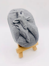 Load image into Gallery viewer, Handmade vegan soaps featuring two nuzzling giraffes in beautiful eco friendly packaging. crafted with natural French clays, activated charcoal and essential oils. a eco-friendly, zero waste gift thatās cruelty-free, skin-nourishing, the perfect gift for giraffe lovers, or for animal lover gifts. small business UK