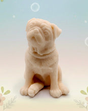 Load image into Gallery viewer, Handmade vegan soaps featuring a cute sitting pug dog. crafted with natural French clays, activated charcoal and essential oils. a eco-friendly, zero waste gift that’s cruelty-free, skin-nourishing, and perfect for pug owner gifts and dog lovers. Beautiful eco friendly packaging. Small Business UK
