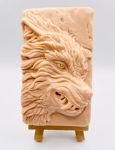 Load image into Gallery viewer, Handmade vegan soaps featuring a highly detailed wolf. crafted with natural French clays, activated charcoal and essential oils. a eco-friendly, zero waste gift that’s cruelty-free, skin-nourishing, and perfect for animal lover gifts and gifts for him. small business UK
