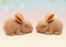 Load image into Gallery viewer, Handmade vegan soaps featuring a set of two detailed rabbit soaps, beautifully gift boxed in eco friendly packaging. crafted with natural French clays, activated charcoal and essential oils. a eco-friendly, zero waste gift that’s cruelty-free, skin-nourishing, and perfect for rabbit owners gifts and Mother’s Day. Small business UK