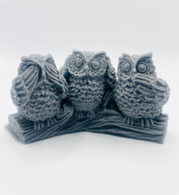 Load image into Gallery viewer, Handmade vegan soaps featuring the three wise owls sat on a log. see no evil, hear no evil speak no evil. crafted with natural French clays, activated charcoal and essential oils. a eco-friendly, zero waste gift that’s cruelty-free, skin-nourishing, and perfect for animal lovers and teacher appreciation gifts. small business UK