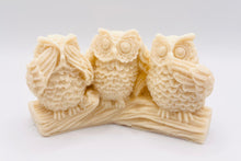 Load image into Gallery viewer, Handmade vegan soaps featuring the three wise owls sat on a log. see no evil, hear no evil speak no evil. crafted with natural French clays, activated charcoal and essential oils. a eco-friendly, zero waste gift that’s cruelty-free, skin-nourishing, and perfect for animal lovers and teacher appreciation gifts. small business UK