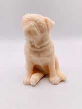 Load image into Gallery viewer, Handmade vegan soaps featuring a cute sitting pug dog. crafted with natural French clays, activated charcoal and essential oils. a eco-friendly, zero waste gift that’s cruelty-free, skin-nourishing, and perfect for pug owner gifts and dog lovers. Beautiful eco friendly packaging. Small Business UK