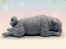 Load image into Gallery viewer, Handmade vegan soap featuring sleepy pug lying down and packed in beautiful eco friendly packaging. crafted with natural French clays, activated charcoal and essential oils. a eco-friendly, zero waste gift that’s cruelty-free, skin-nourishing, and perfect for pug owners, dog lovers or animal themed gifts. Small business UK