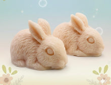 Load image into Gallery viewer, Handmade vegan soaps featuring a set of two detailed rabbit soaps, beautifully gift boxed in eco friendly packaging. crafted with natural French clays, activated charcoal and essential oils. a eco-friendly, zero waste gift that’s cruelty-free, skin-nourishing, and perfect for rabbit owners gifts and Mother’s Day. Small business UK