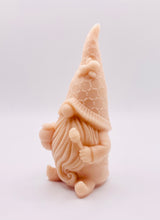 Load image into Gallery viewer, Handmade vegan soaps featuring a gorgeous honey bee design gnome soap. gnome is holding a honeypot and has a bee on his hat. crafted with natural French clays, activated charcoal and essential oils. a eco-friendly, zero waste gift that’s cruelty-free, skin-nourishing, and perfect for gnome lovers and gifting. Small Business UK