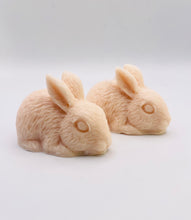 Load image into Gallery viewer, Handmade vegan soaps featuring a set of two detailed rabbit soaps, beautifully gift boxed in eco friendly packaging. crafted with natural French clays, activated charcoal and essential oils. a eco-friendly, zero waste gift that’s cruelty-free, skin-nourishing, and perfect for rabbit owners gifts and Mother’s Day. Small business UK