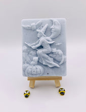 Load image into Gallery viewer, Witch gift - Halloween  gift - boo box gift - Wicked Witch Vegan Soap eco conscious gifts - spooky season - This enchanting soap really gives me witchy vibes as she fly's on her broomstick with the moon behind her. Available to purchase in your choice of colour and essential oil.