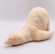 Load image into Gallery viewer, Handmade vegan soaps featuring a huge lazy polar bear with his bum up in the air. gift boxed in beautiful eco friendly packaging. crafted with natural French clays, activated charcoal and essential oils. a eco-friendly, zero waste gift that’s cruelty-free, skin-nourishing, the perfect gift for polar bear lovers, Christmas gifts or for animal lover gifts. small business UK