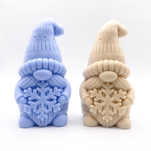 Load image into Gallery viewer, Handmade vegan soaps featuring a christmas gnome holding a snowflake in beautiful eco friendly packaging crafted with natural French clays, activated charcoal and essential oils. a eco-friendly, zero waste gift that’s cruelty-free, skin-nourishing, and perfect for gnome lovers and christmas themed gifts. small business UK