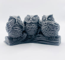 Load image into Gallery viewer, Handmade vegan soaps featuring the three wise owls sat on a log. see no evil, hear no evil speak no evil. crafted with natural French clays, activated charcoal and essential oils. a eco-friendly, zero waste gift that’s cruelty-free, skin-nourishing, and perfect for animal lovers and teacher appreciation gifts. small business UK