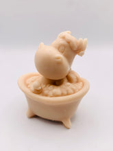 Load image into Gallery viewer, Handmade vegan soap featuring a cow in the bath scrubbing his back and packed in beautiful eco friendly packaging. crafted with natural French clays, activated charcoal and essential oils. a eco-friendly, zero waste gift that’s cruelty-free, skin-nourishing, and perfect for cow lovers or animal themed gifts. Small business UK