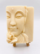 Load image into Gallery viewer, Handmade vegan soaps featuring a beautiful buddha and lotus flower and wrapped in beautiful eco friendly packaging crafted with natural French clays, activated charcoal and essential oils. a eco-friendly, zero waste gift that’s cruelty-free, skin-nourishing, and perfect gift for buddha lovers. small business UK